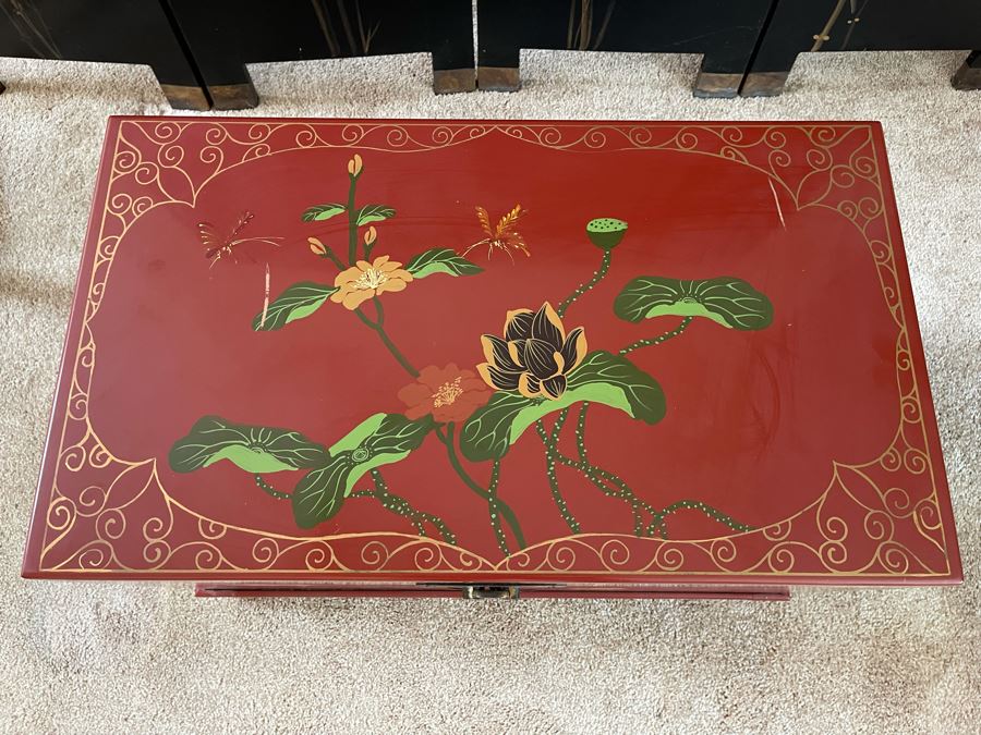 Hand Painted Red Laquer Asian Chest With Stand 26W X 15D X 18H [Photo 6]