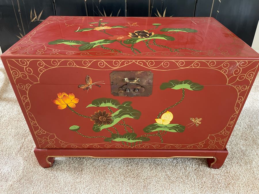 Hand Painted Red Laquer Asian Chest With Stand 26W X 15D X 18H [Photo 2]