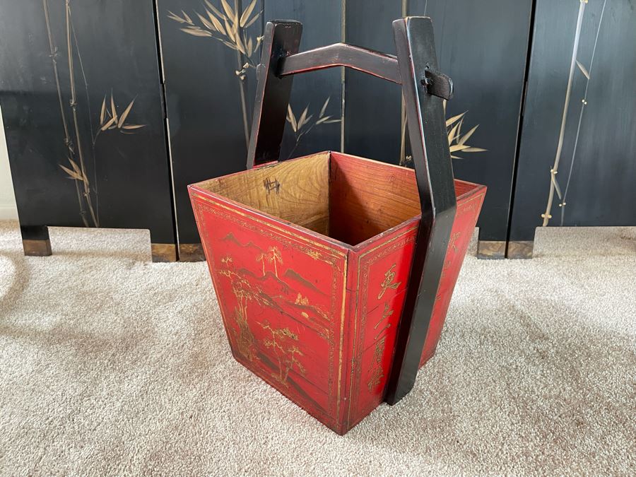 Vintage Wooden Chinese Hand Painted Red Rice Bucket 15W X 13D X 21H Retails $238 [Photo 2]