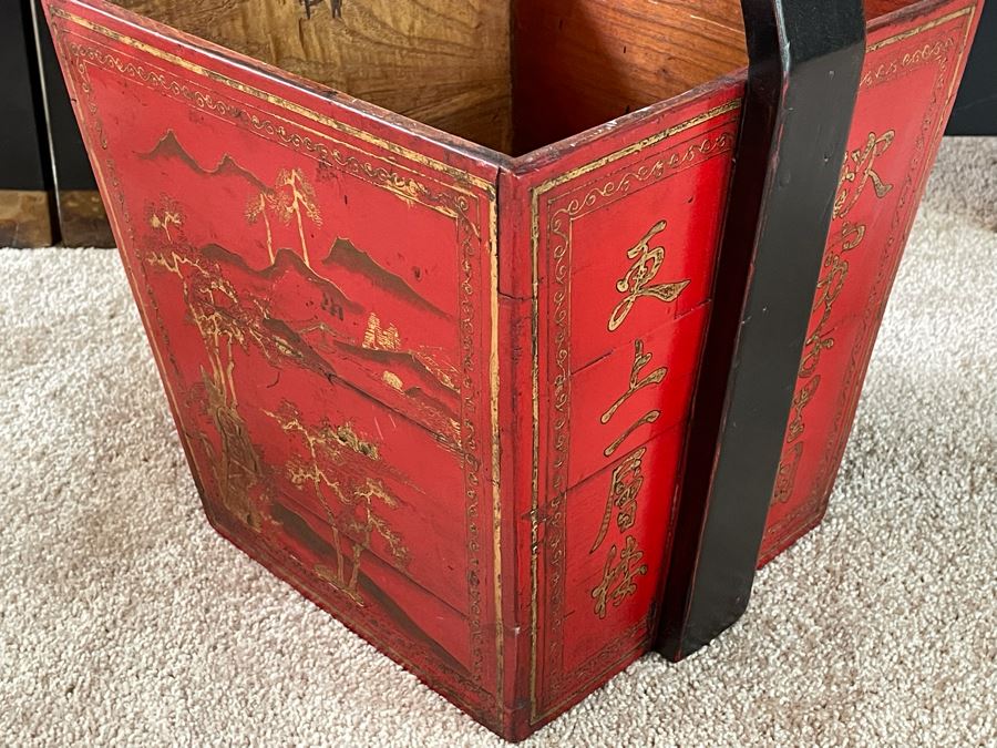 Vintage Wooden Chinese Hand Painted Red Rice Bucket 15W X 13D X 21H Retails $238 [Photo 3]
