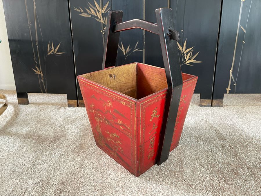 Vintage Wooden Chinese Hand Painted Red Rice Bucket 15W X 13D X 21H Retails $238