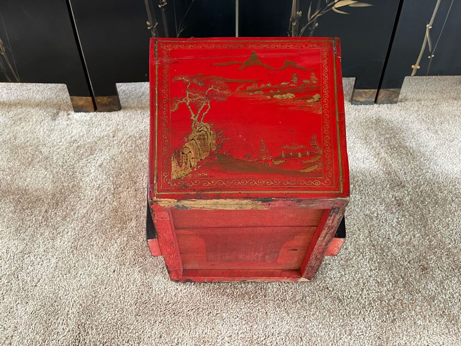 Vintage Wooden Chinese Hand Painted Red Rice Bucket 15W X 13D X 21H Retails $238 [Photo 11]