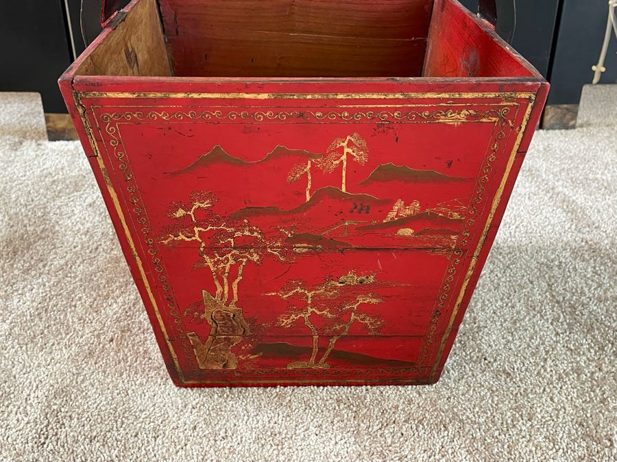 Vintage Wooden Chinese Hand Painted Red Rice Bucket 15W X 13D X 21H Retails $238 [Photo 6]