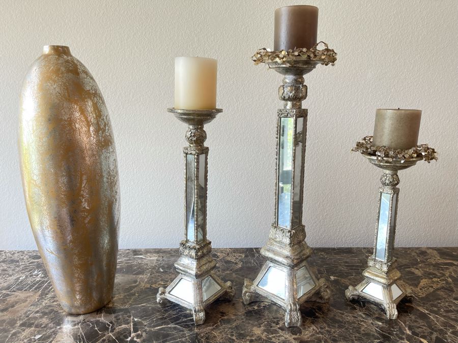 Three Mirrored Candlesticks And Glass Vase 20H [Photo 2]