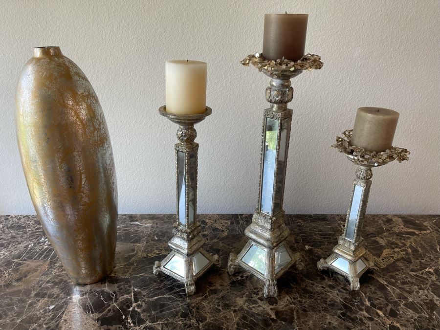 Three Mirrored Candlesticks And Glass Vase 20H [Photo 3]