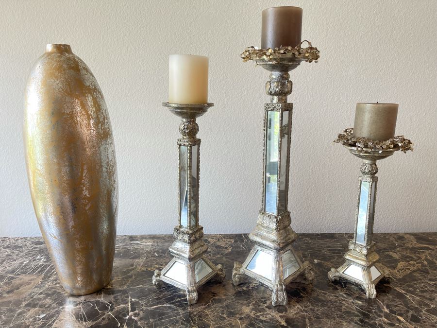 Three Mirrored Candlesticks And Glass Vase 20H [Photo 1]
