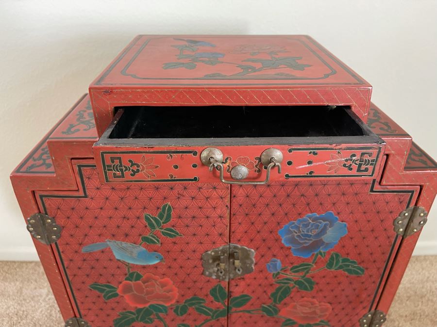 Impressive Hand Painted Red Lacquer Asian Cabinet Chest 18W X 10D X 24H [Photo 9]