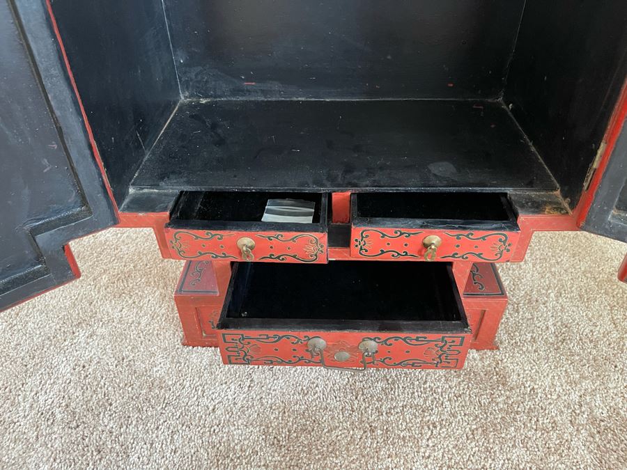 Impressive Hand Painted Red Lacquer Asian Cabinet Chest 18W X 10D X 24H [Photo 12]