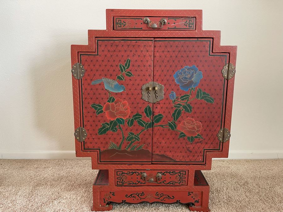 Impressive Hand Painted Red Lacquer Asian Cabinet Chest 18W X 10D X 24H [Photo 3]