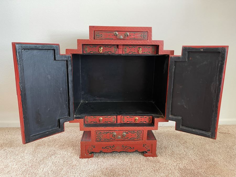 Impressive Hand Painted Red Lacquer Asian Cabinet Chest 18W X 10D X 24H [Photo 10]