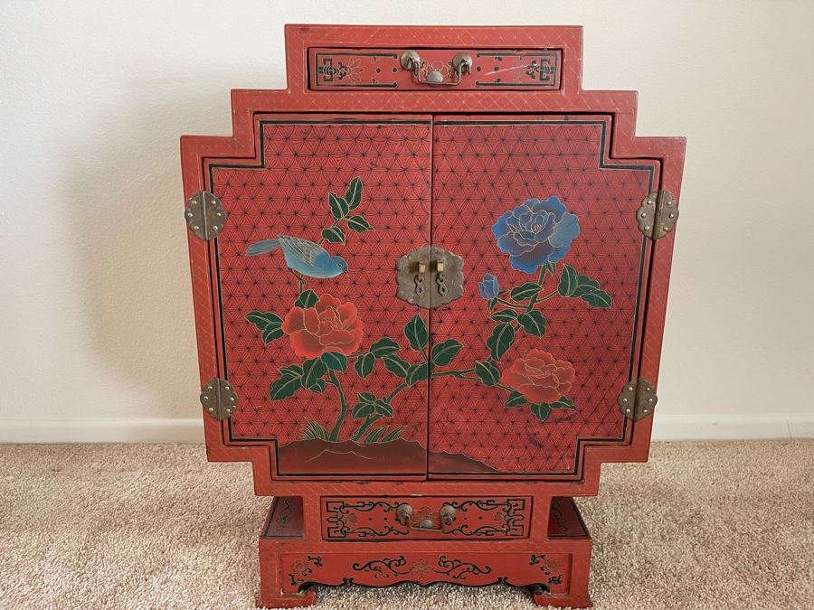 Impressive Hand Painted Red Lacquer Asian Cabinet Chest 18W X 10D X 24H [Photo 1]