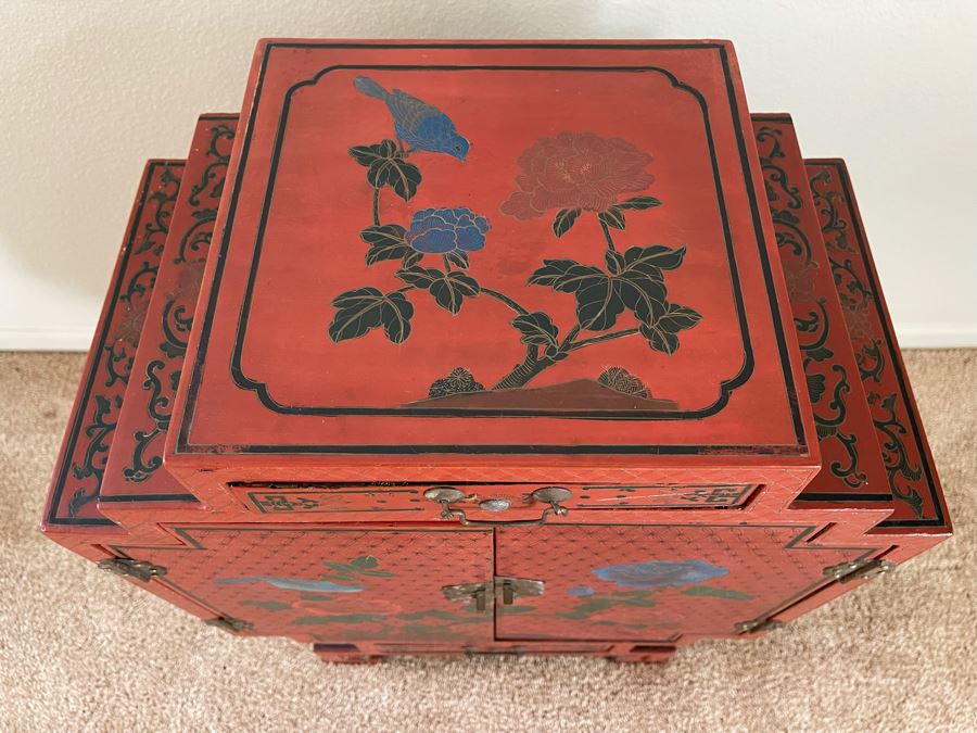Impressive Hand Painted Red Lacquer Asian Cabinet Chest 18W X 10D X 24H [Photo 5]