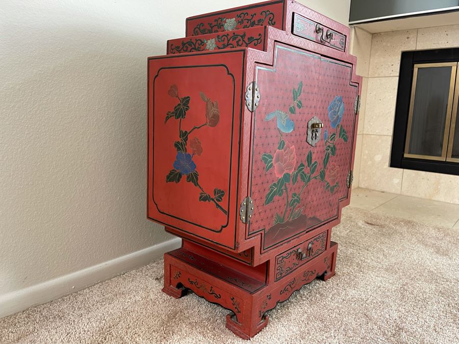 Impressive Hand Painted Red Lacquer Asian Cabinet Chest 18W X 10D X 24H [Photo 2]