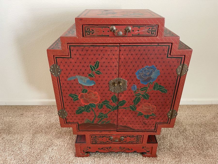 Impressive Hand Painted Red Lacquer Asian Cabinet Chest 18W X 10D X 24H [Photo 4]