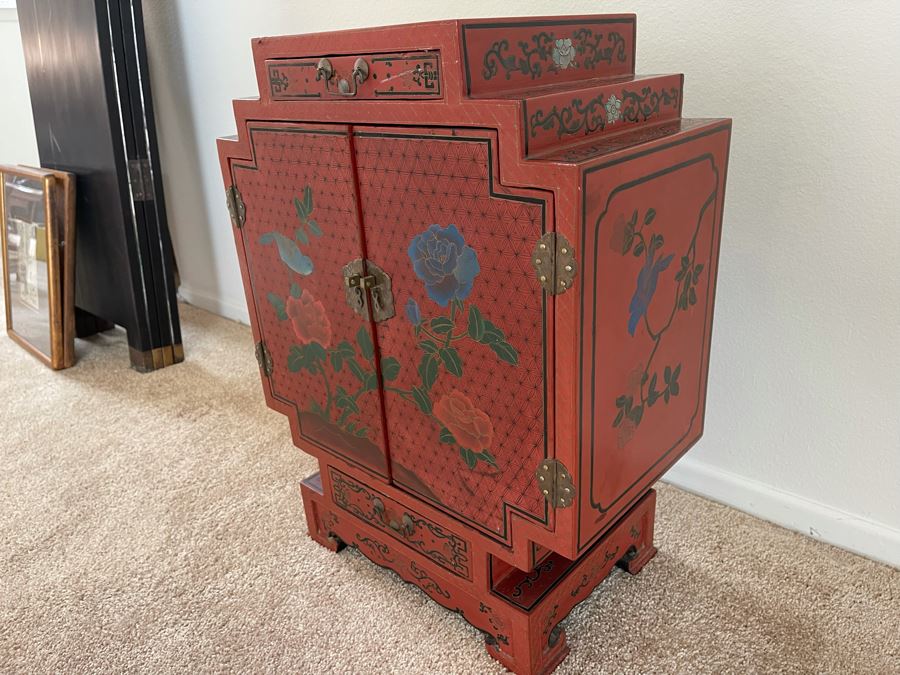 Impressive Hand Painted Red Lacquer Asian Cabinet Chest 18W X 10D X 24H [Photo 7]