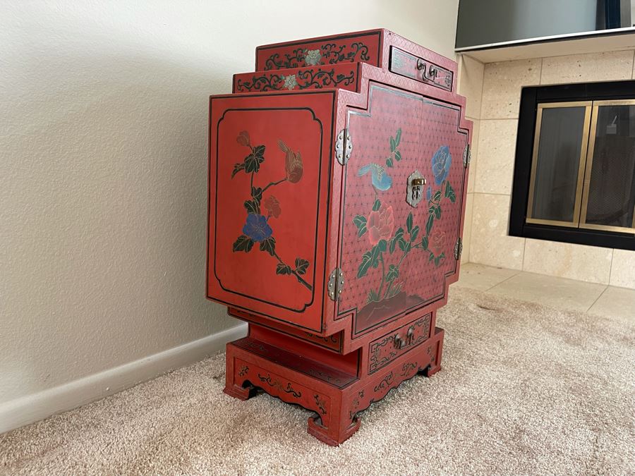 Impressive Hand Painted Red Lacquer Asian Cabinet Chest 18W X 10D X 24H [Photo 6]