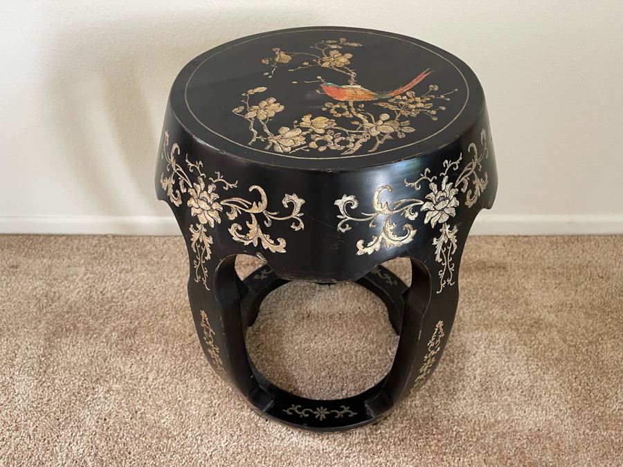 Carved Wooden Chinese Black Stool With Bird Motif 15W X 19H [Photo 1]