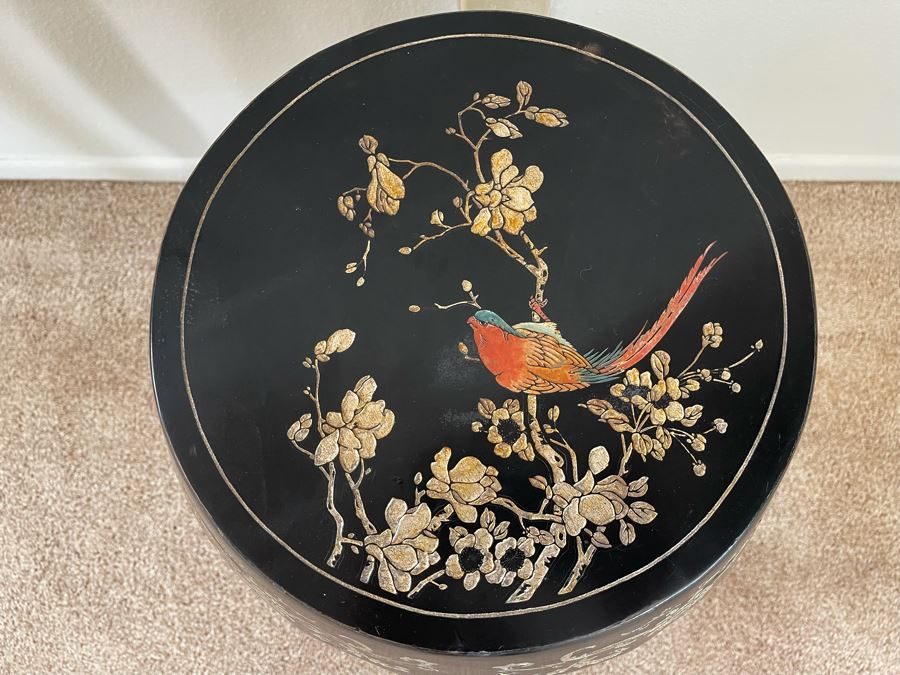 Carved Wooden Chinese Black Stool With Bird Motif 15W X 19H [Photo 3]