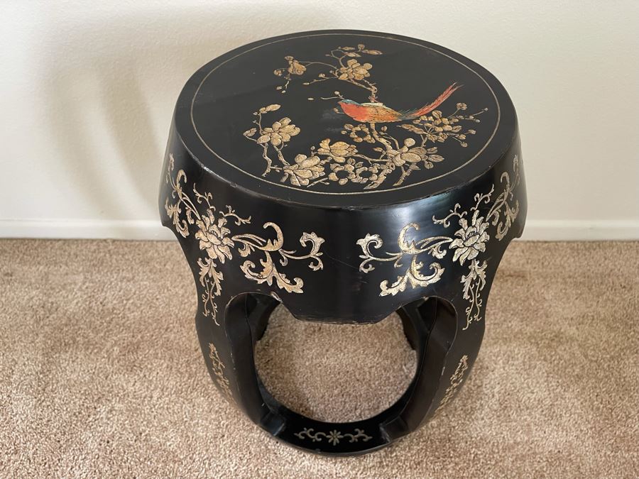 Carved Wooden Chinese Black Stool With Bird Motif 15W X 19H [Photo 2]