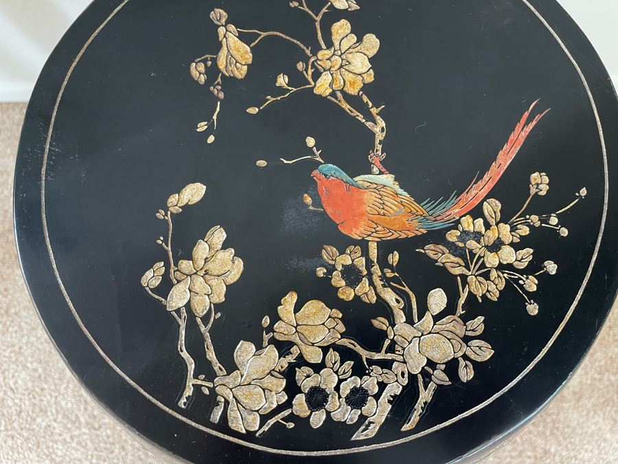 Carved Wooden Chinese Black Stool With Bird Motif 15W X 19H [Photo 4]