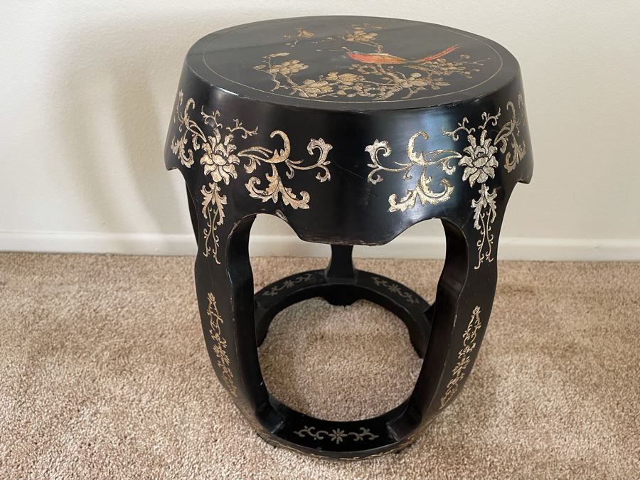 Carved Wooden Chinese Black Stool With Bird Motif 15W X 19H [Photo 5]