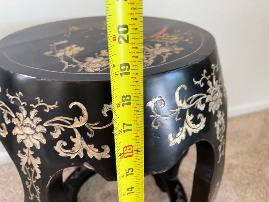 Carved Wooden Chinese Black Stool With Bird Motif 15W X 19H [Photo 7]