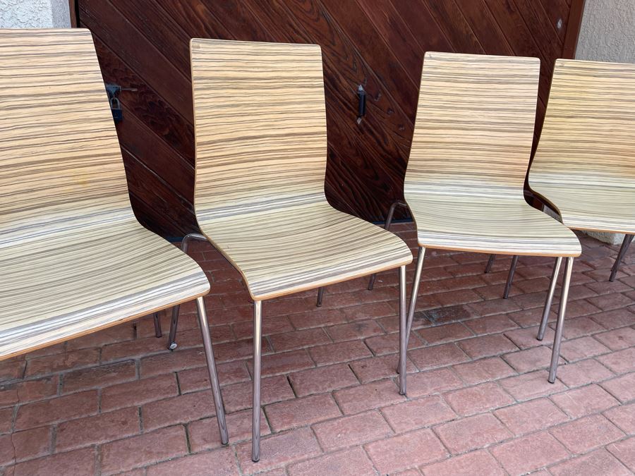 Set Of Six Bentwood Chrome Base Stacking Chairs [Photo 3]