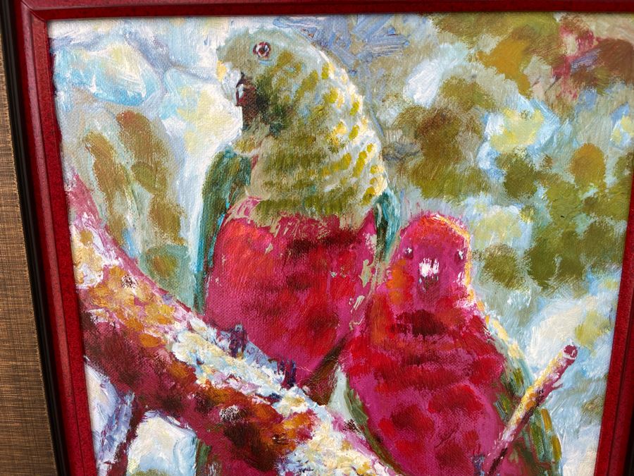 Framed Red Parrots Hand Painted Oil Painting With Certificate 12 X 24 Retails $299 [Photo 3]