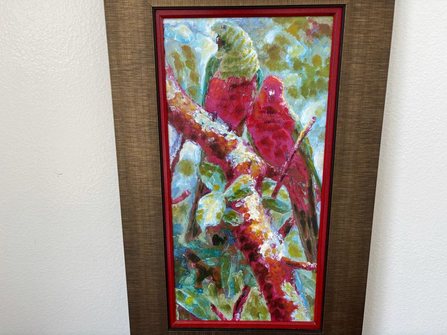 Framed Red Parrots Hand Painted Oil Painting With Certificate 12 X 24 Retails $299 [Photo 1]