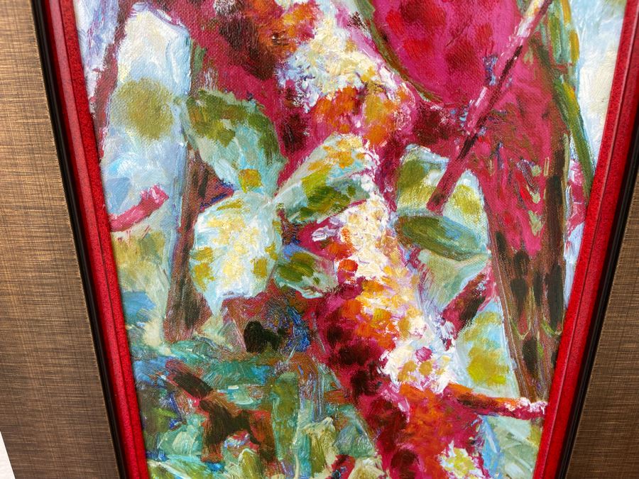 Framed Red Parrots Hand Painted Oil Painting With Certificate 12 X 24 Retails $299 [Photo 4]