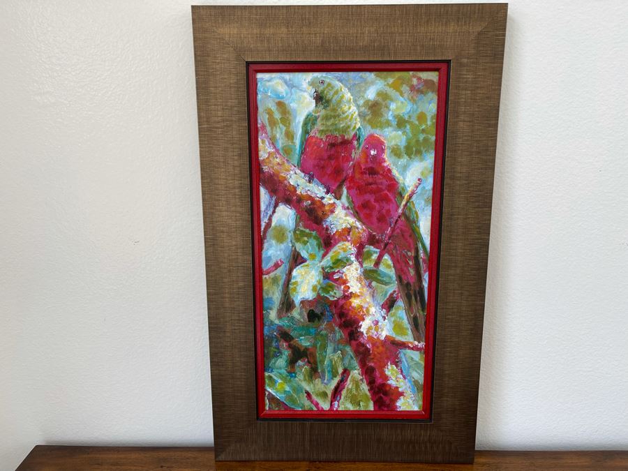Framed Red Parrots Hand Painted Oil Painting With Certificate 12 X 24 Retails $299 [Photo 2]