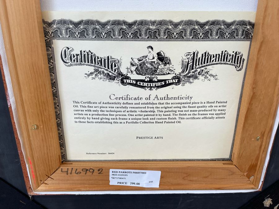 Framed Red Parrots Hand Painted Oil Painting With Certificate 12 X 24 Retails $299 [Photo 6]