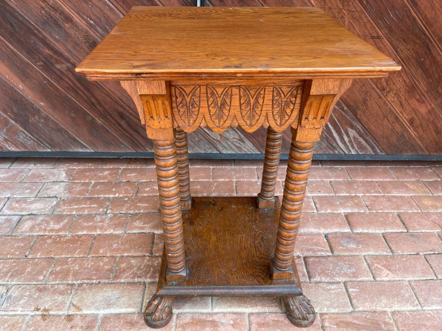 Impressive Carved Oak Antique Stand Table 19W X 20D X 28H [Photo 1]