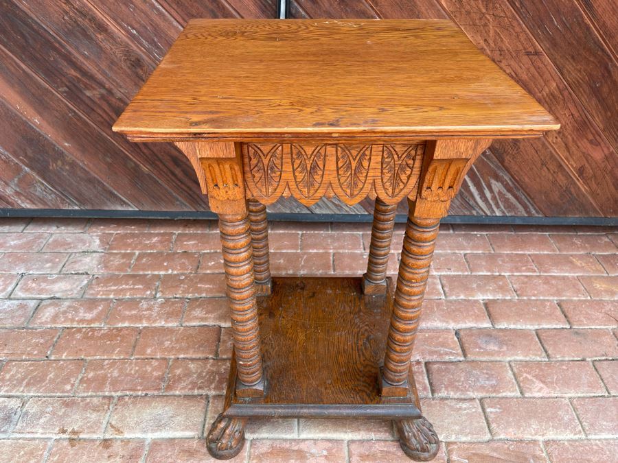 Impressive Carved Oak Antique Stand Table 19W X 20D X 28H [Photo 2]