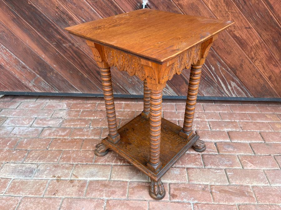 Impressive Carved Oak Antique Stand Table 19W X 20D X 28H [Photo 4]