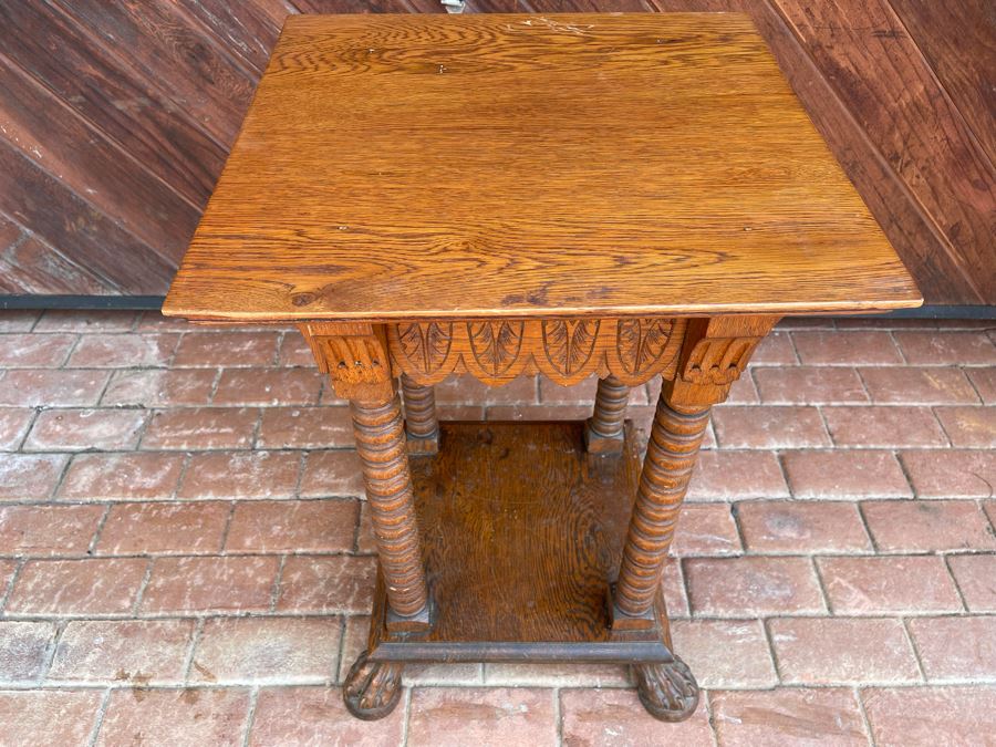 Impressive Carved Oak Antique Stand Table 19W X 20D X 28H [Photo 3]