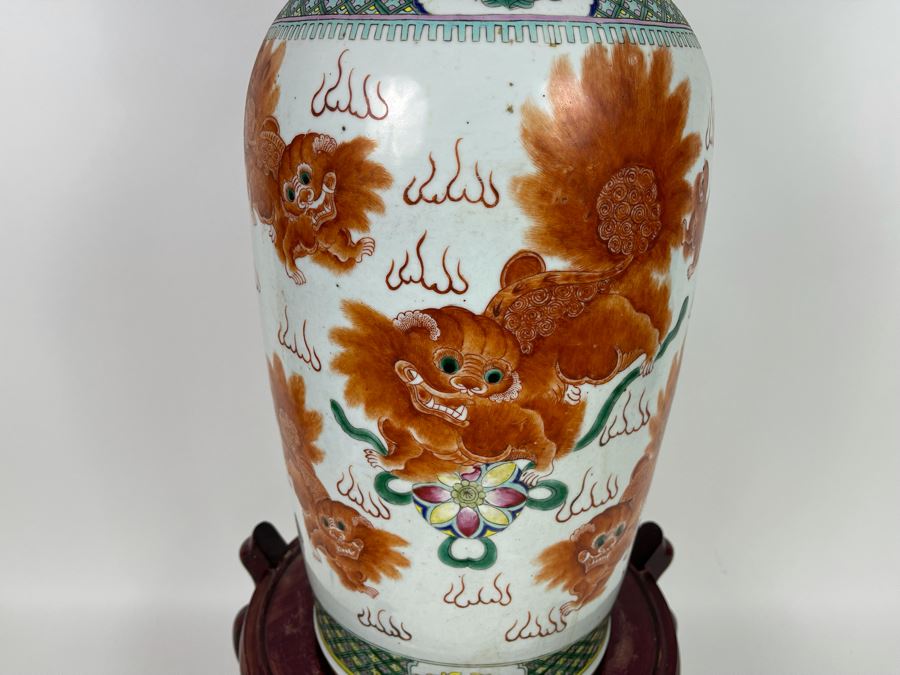 Antique Chinese Porcelain Vase With Wooden Stand (One Vase - Showing Front And Back) 23H X 9W [Photo 9]