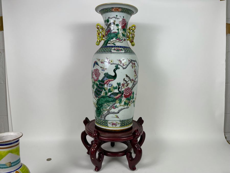 Antique Chinese Porcelain Vase With Wooden Stand (One Vase - Showing Front And Back) 23H X 9W [Photo 20]