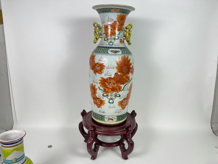 Antique Chinese Porcelain Vase With Wooden Stand (One Vase - Showing Front And Back) 23H X 9W [Photo 3]
