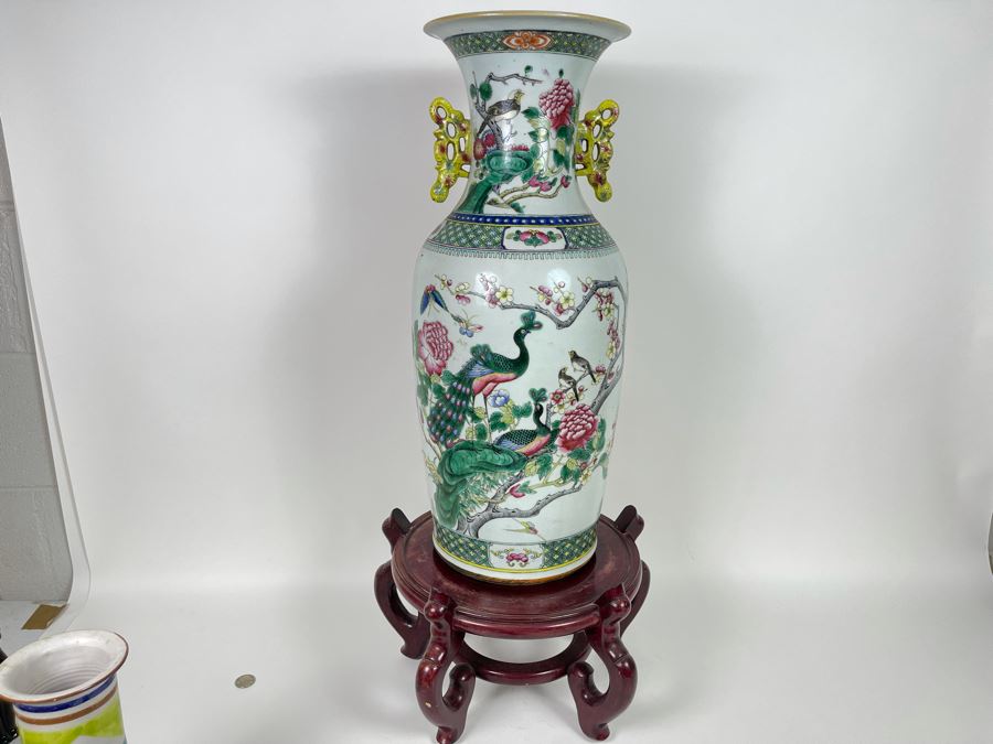 Antique Chinese Porcelain Vase With Wooden Stand (One Vase - Showing ...