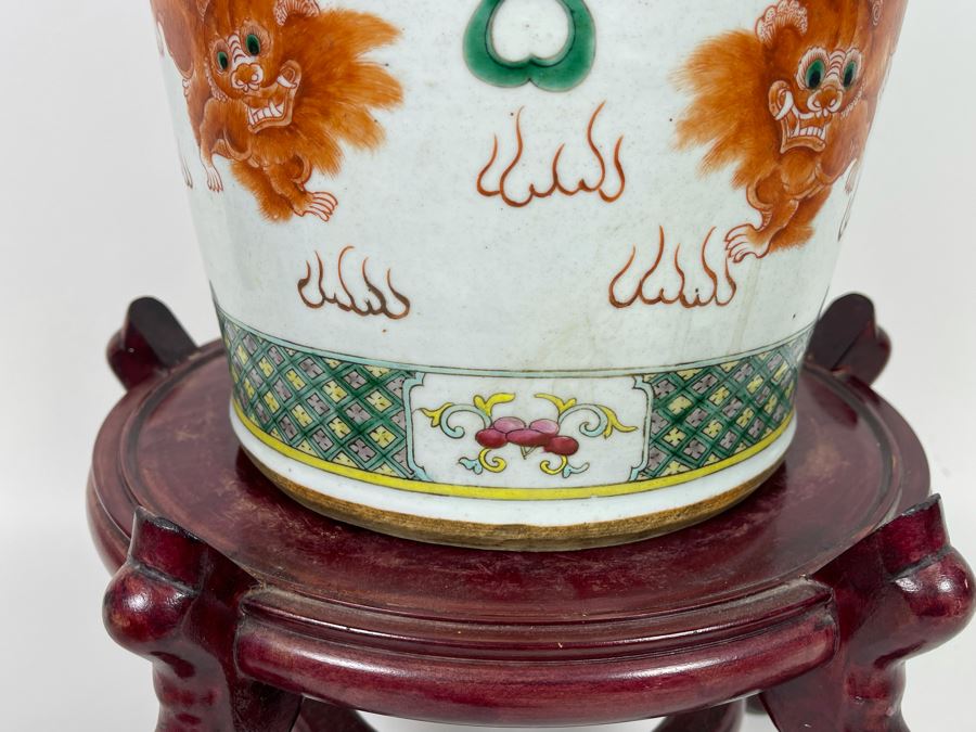 Antique Chinese Porcelain Vase With Wooden Stand (One Vase - Showing Front And Back) 23H X 9W [Photo 14]