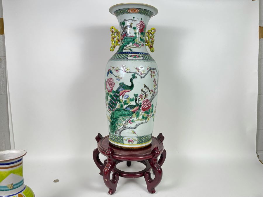 Antique Chinese Porcelain Vase With Wooden Stand (One Vase - Showing Front And Back) 23H X 9W [Photo 19]