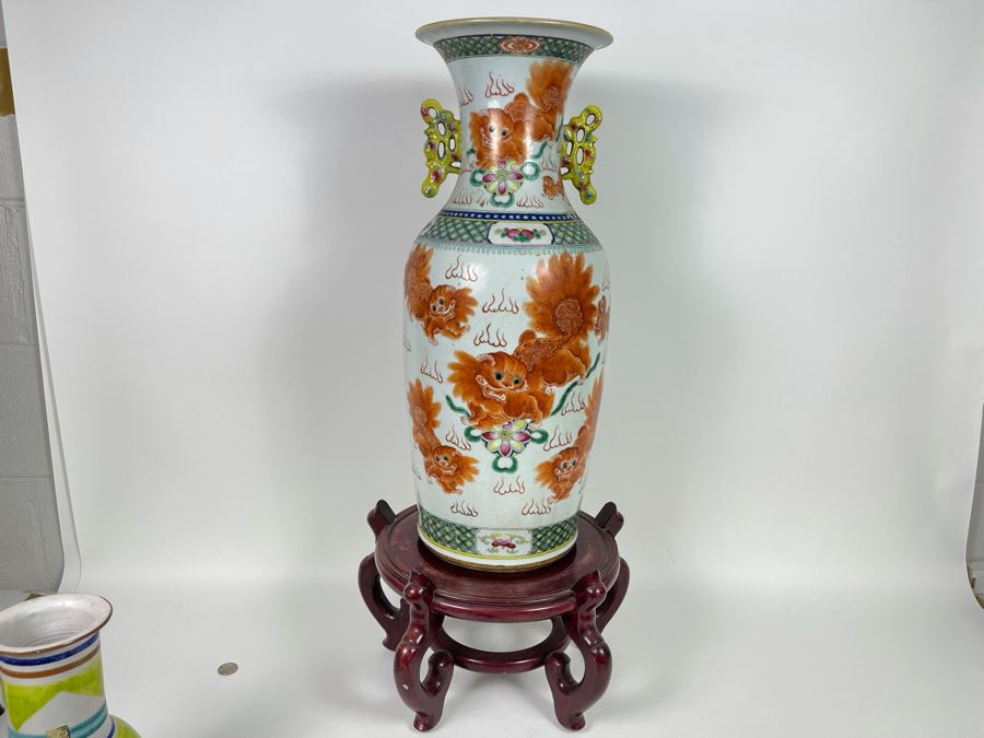 Antique Chinese Porcelain Vase With Wooden Stand (One Vase - Showing Front And Back) 23H X 9W [Photo 2]