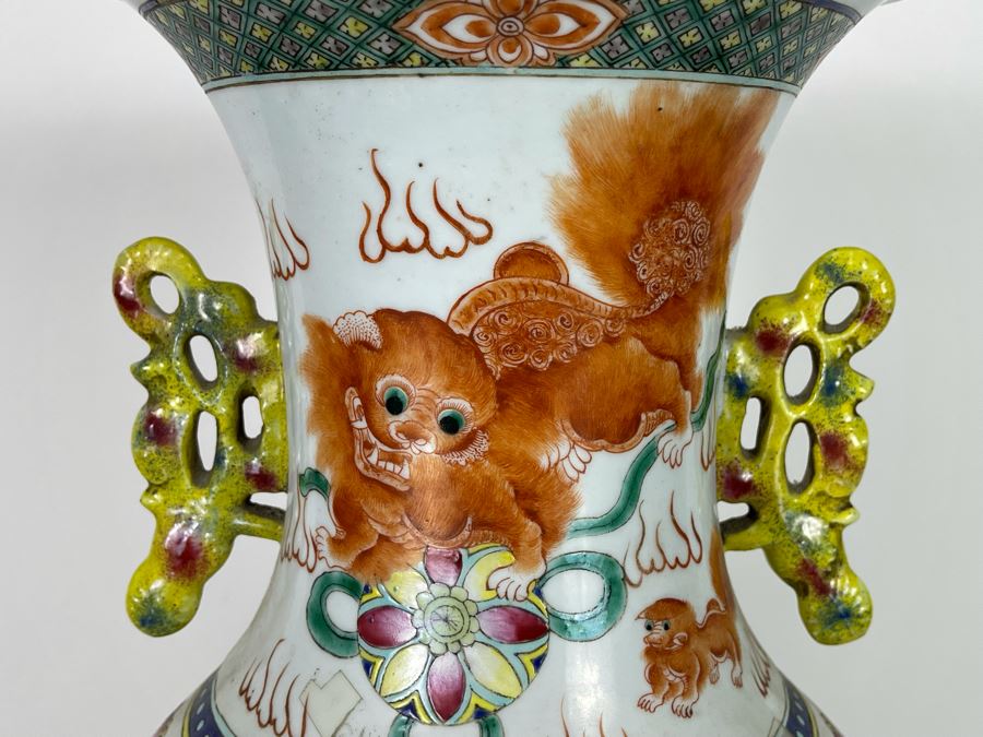 Antique Chinese Porcelain Vase With Wooden Stand (One Vase - Showing Front And Back) 23H X 9W [Photo 5]
