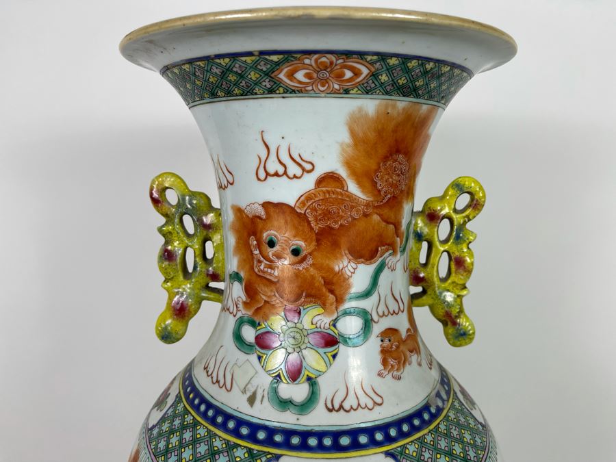Antique Chinese Porcelain Vase With Wooden Stand (One Vase - Showing Front And Back) 23H X 9W [Photo 4]