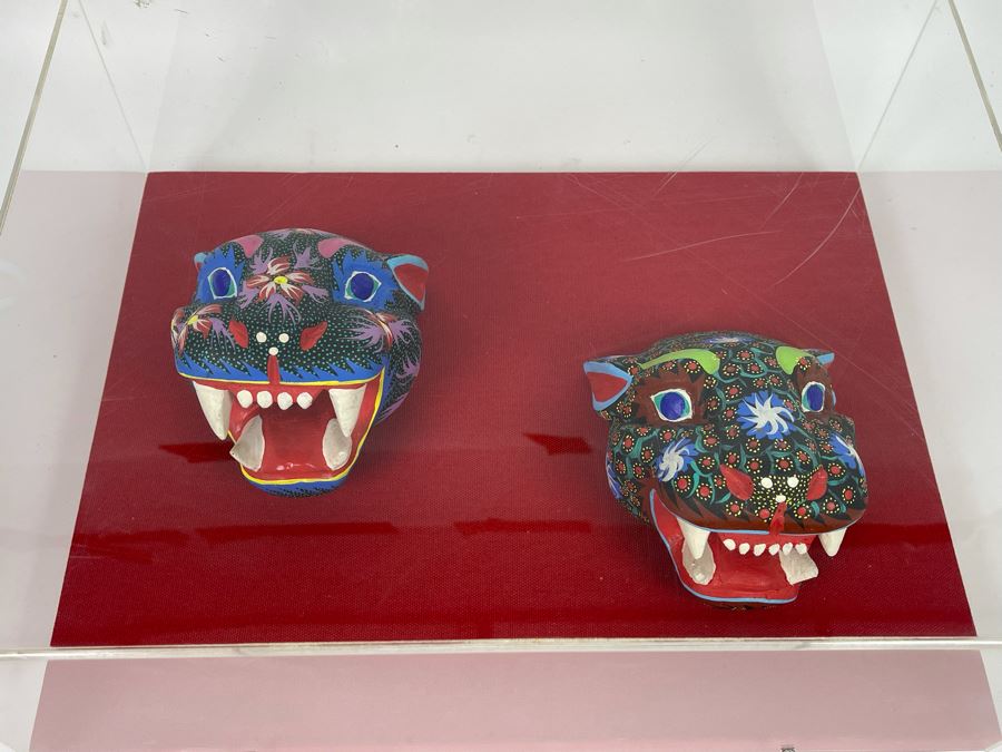 Shadow Box Framed Pair Of Hand Painted Masks 16W X 12H X 6D