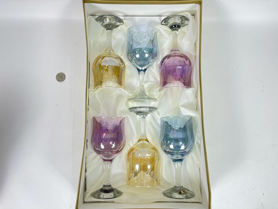 New Set Of Six Italian Cristalleria Fumo Colored Wine Glasses [Photo 1]