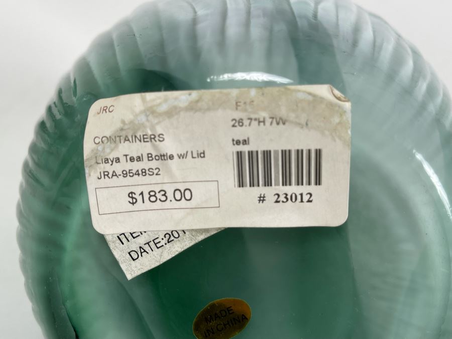 Teal Glass Bottle With Stopper 26H 7W Retails $183 [Photo 4]