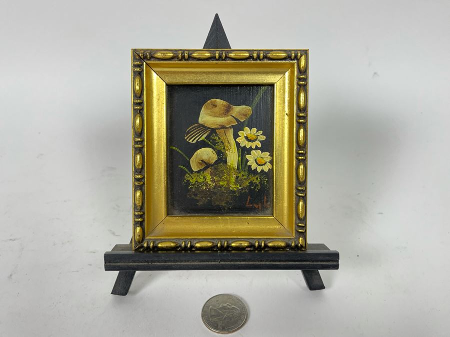 Small Original Signed Mushroom Painting With Stand 3.5W X 4H [Photo 1]