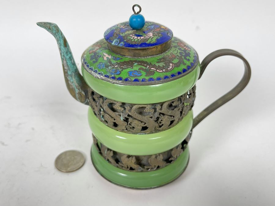 Vintage Chinese Dragon Cloisonne Jade Jadeite Teapot 4.5H